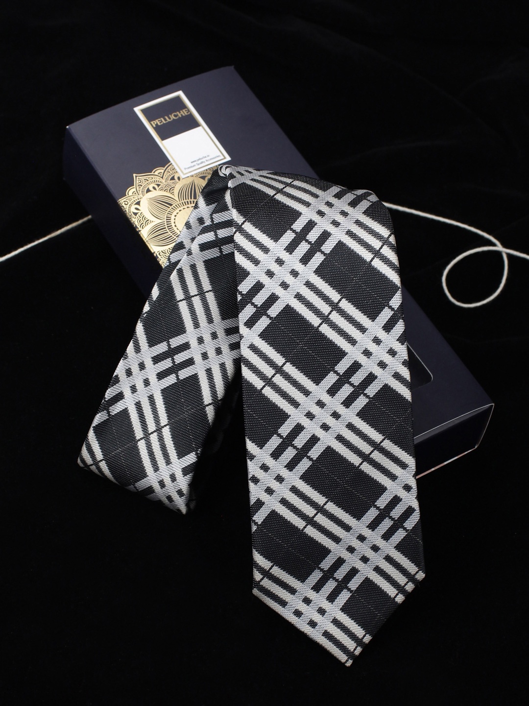 

PELUCHE Black & Off-White Checked Broad Tie