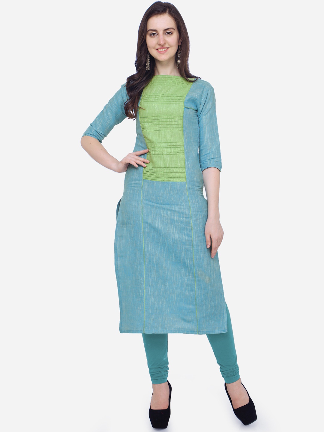 

Kvsfab Women Blue & Green Colourblocked Khadi Straight Kurta