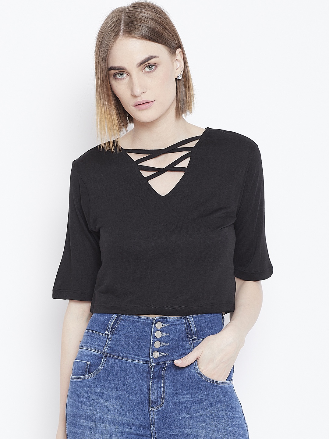 

Belle Fille Women Black Solid Crop Top