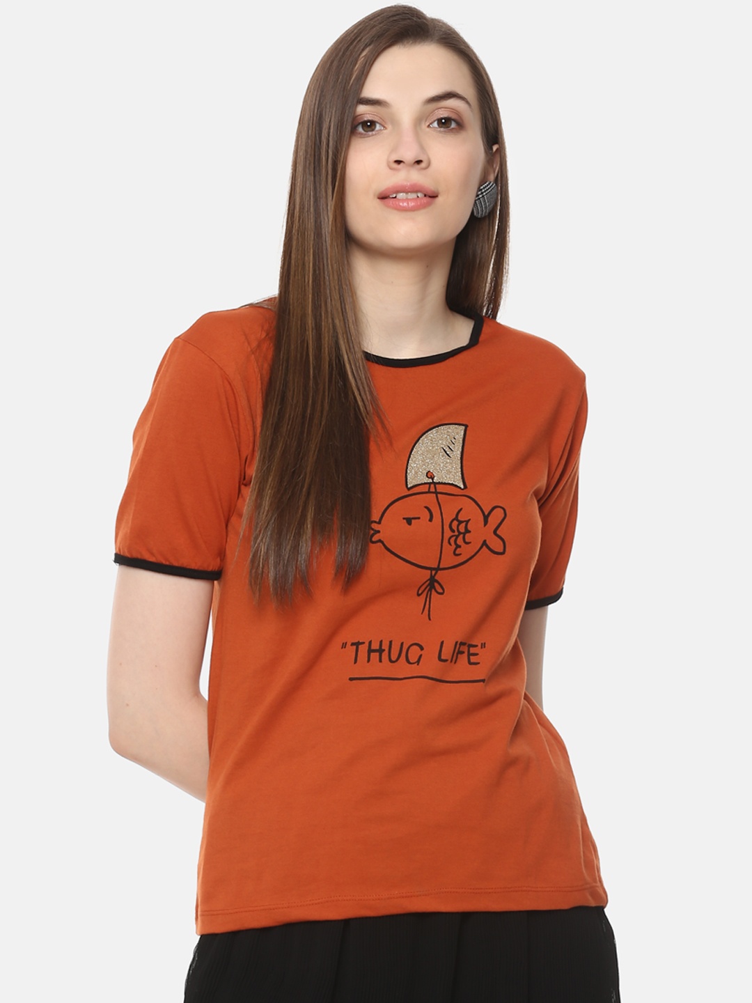 

Belle Fille Women Rust Printed Round Neck T-shirt