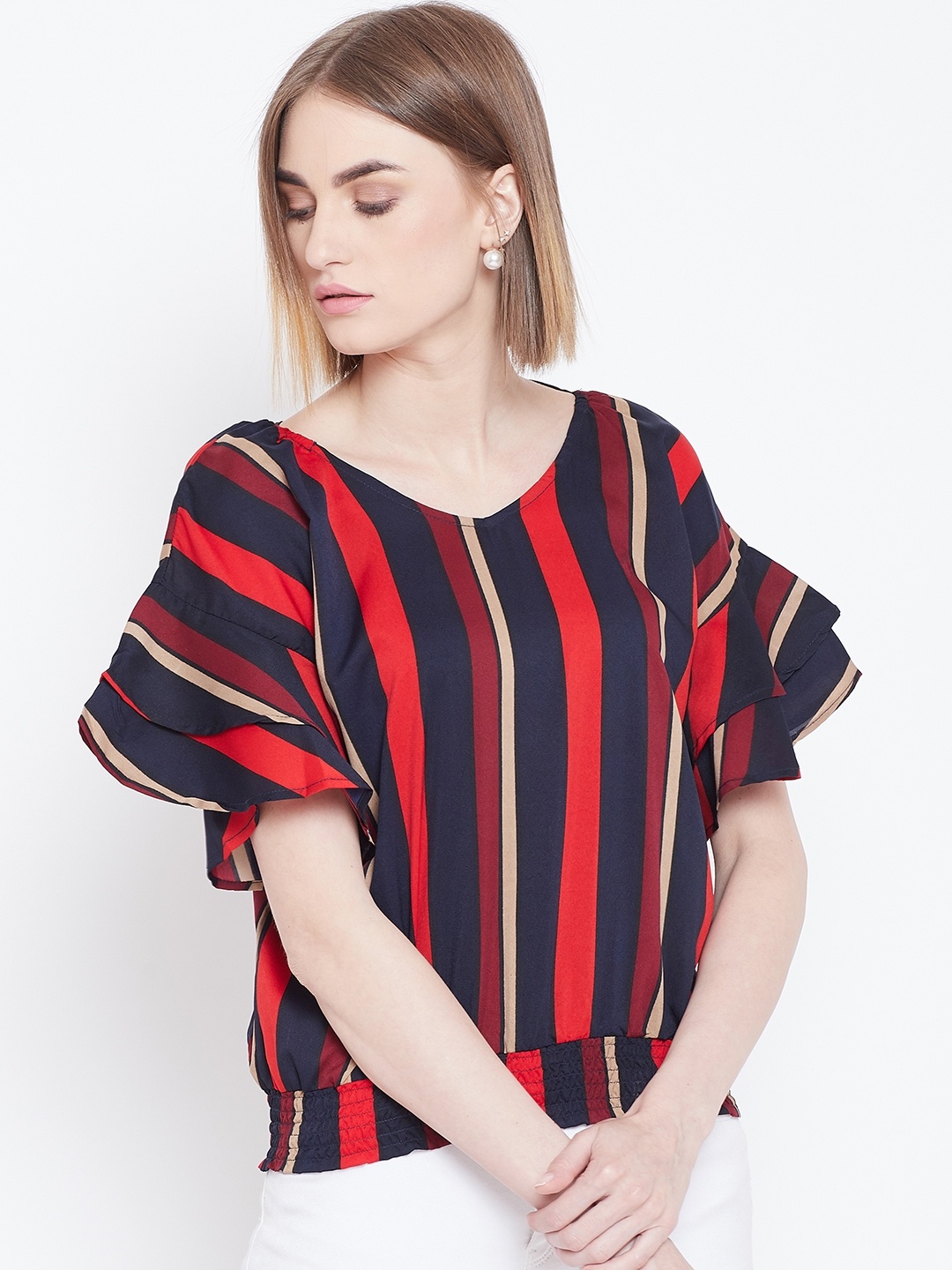 

Belle Fille Women Red & Navy Blue Striped Blouson Top