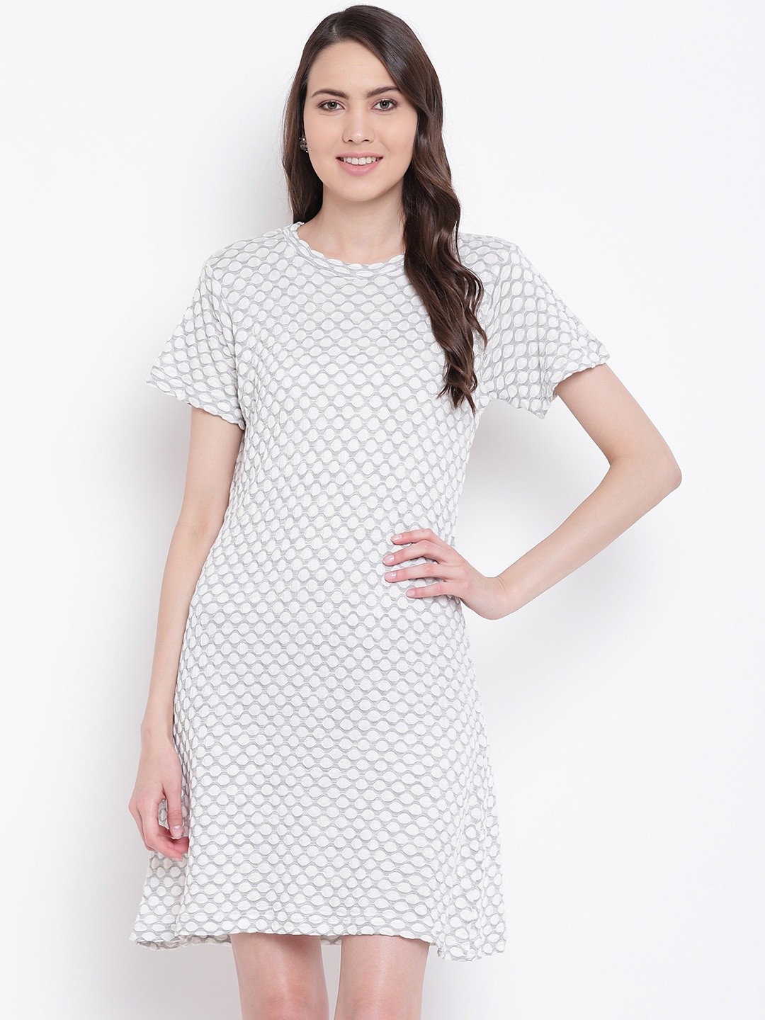 

Belle Fille Women Grey Melange & White Self Design A-Line Dress