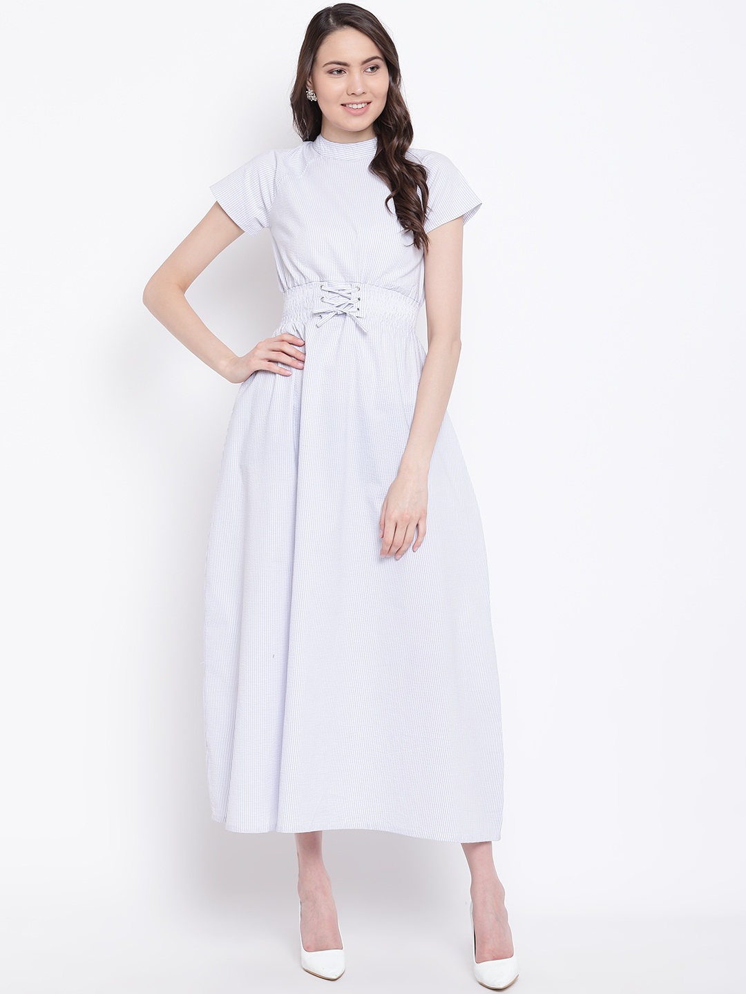 

Belle Fille Women White & Blue Striped Maxi Dress