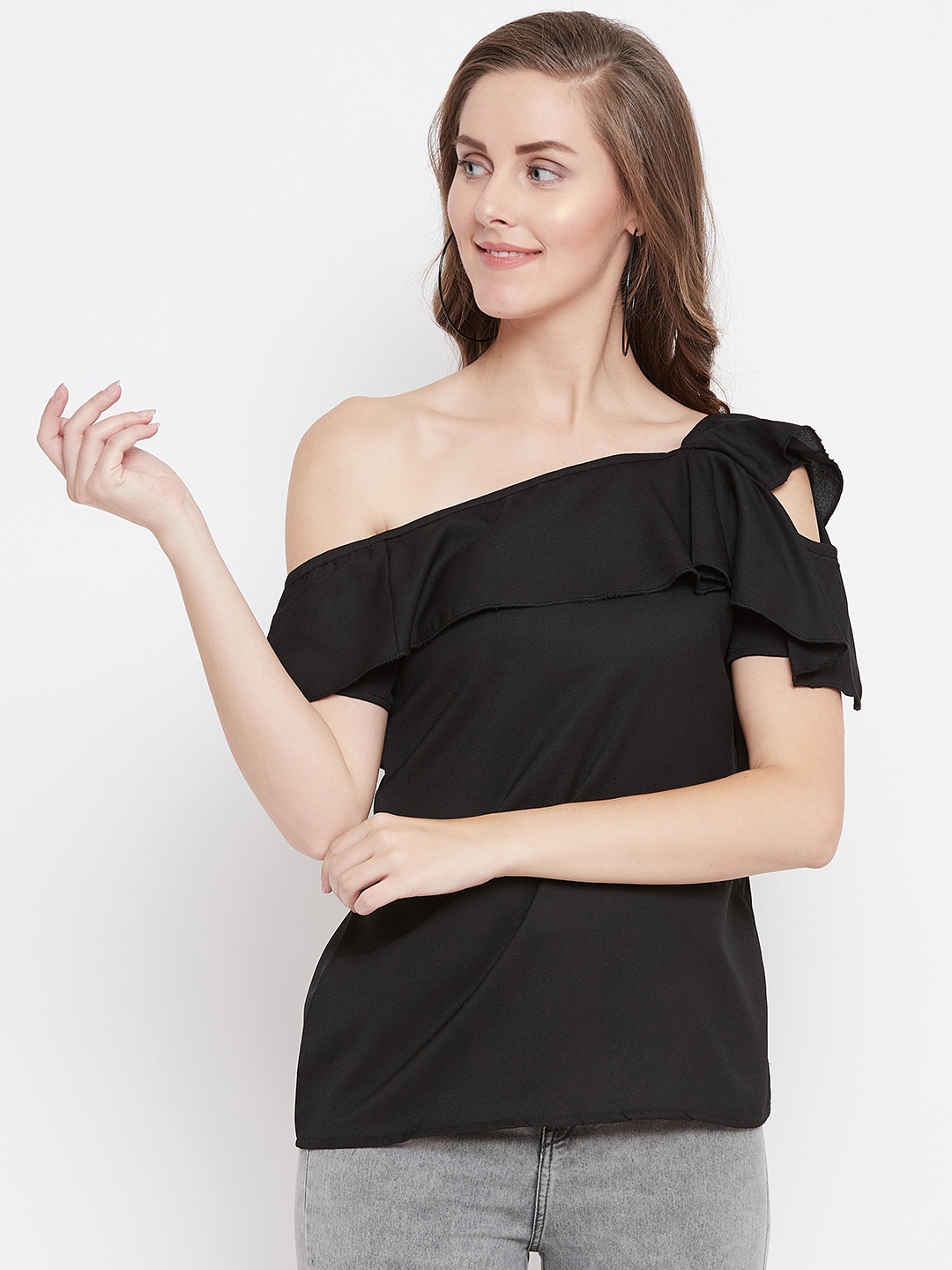 

Belle Fille Women Black Solid One Shoulder Top