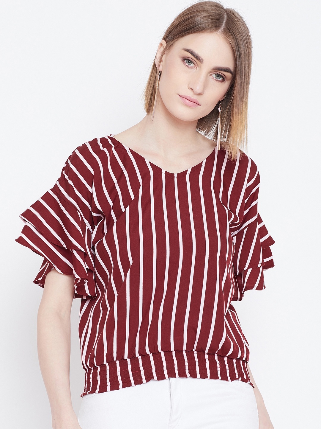 

Belle Fille Women Maroon Striped Blouson Top