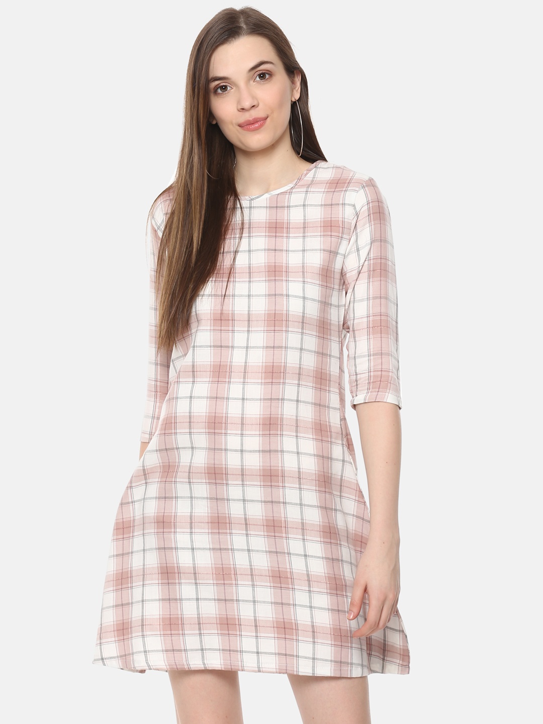 

Belle Fille Women Peach-Coloured Checked A-Line Dress