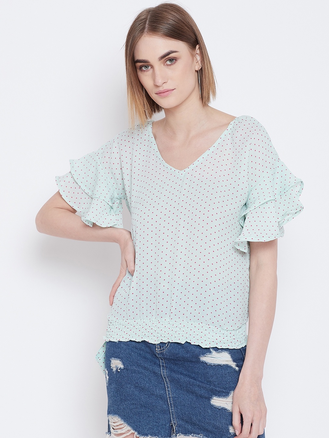

Belle Fille Women Sea Green Printed Blouson Top