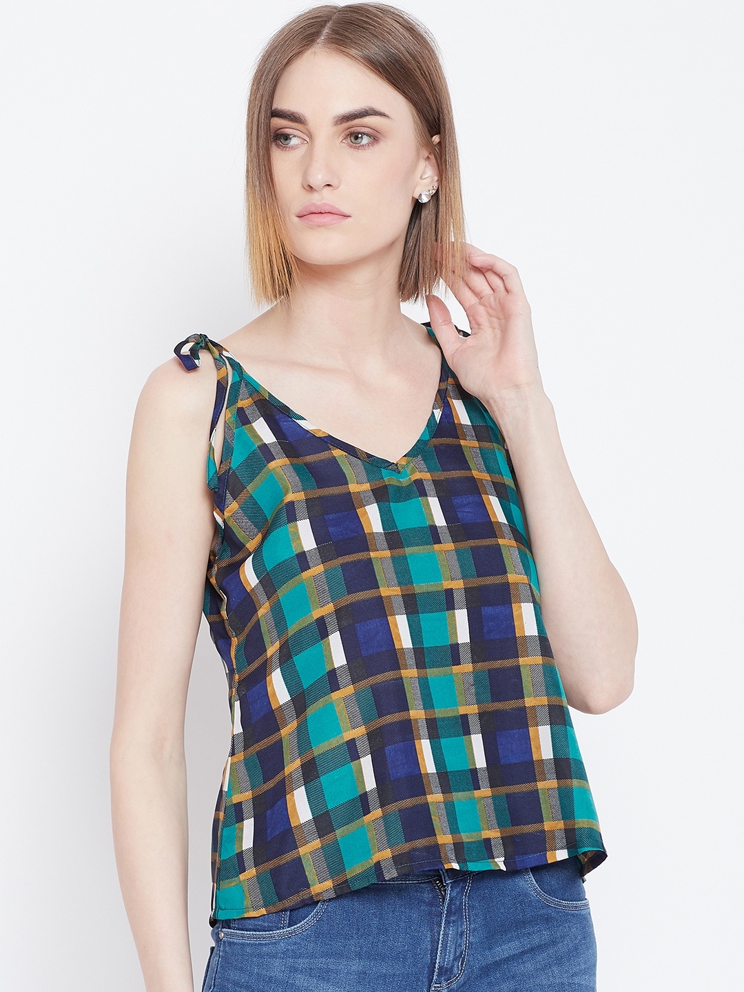 

Belle Fille Women Navy Blue & Green Checked Top