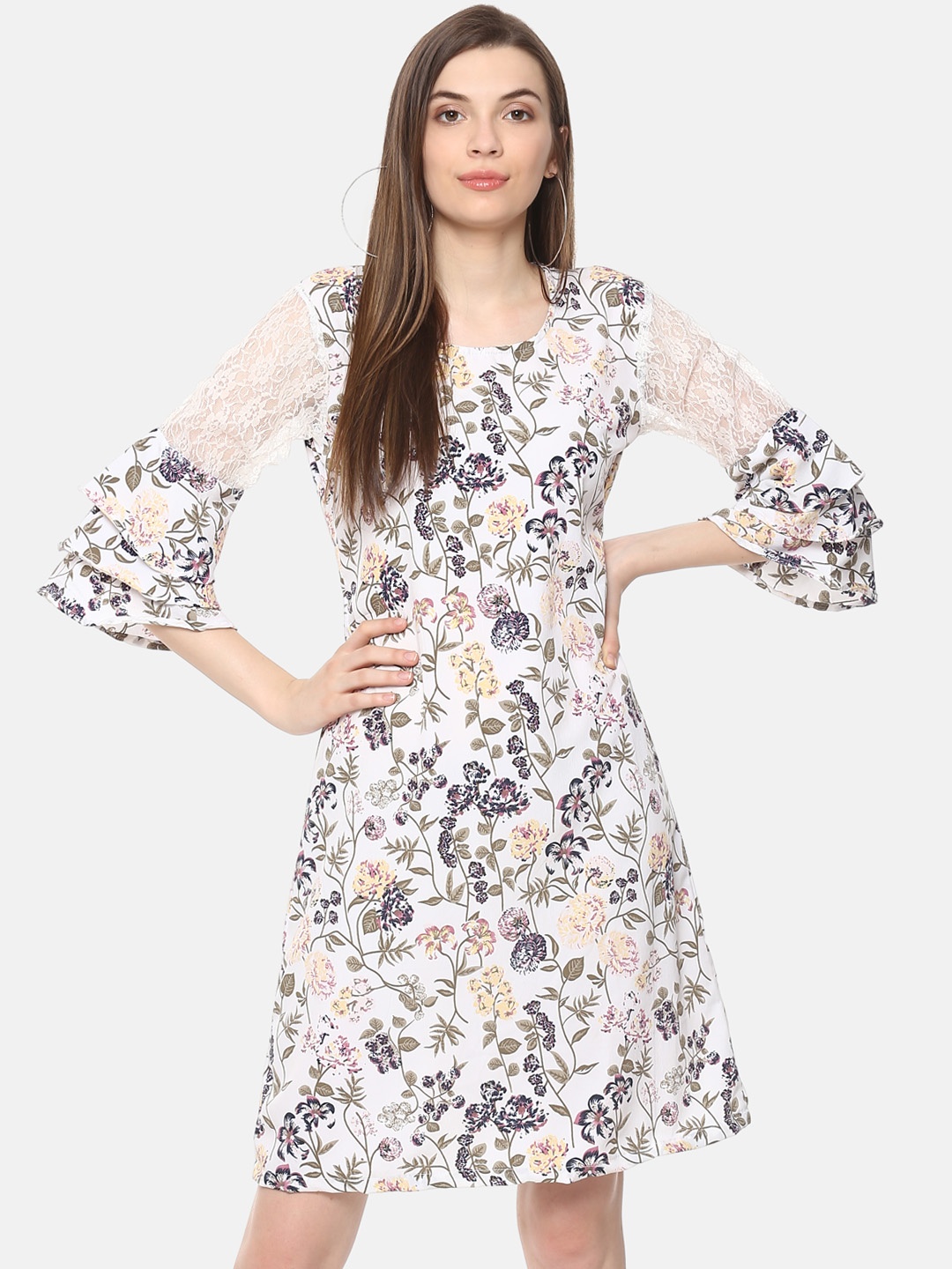 

Belle Fille Women White & Navy Floral Print A-Line Dress