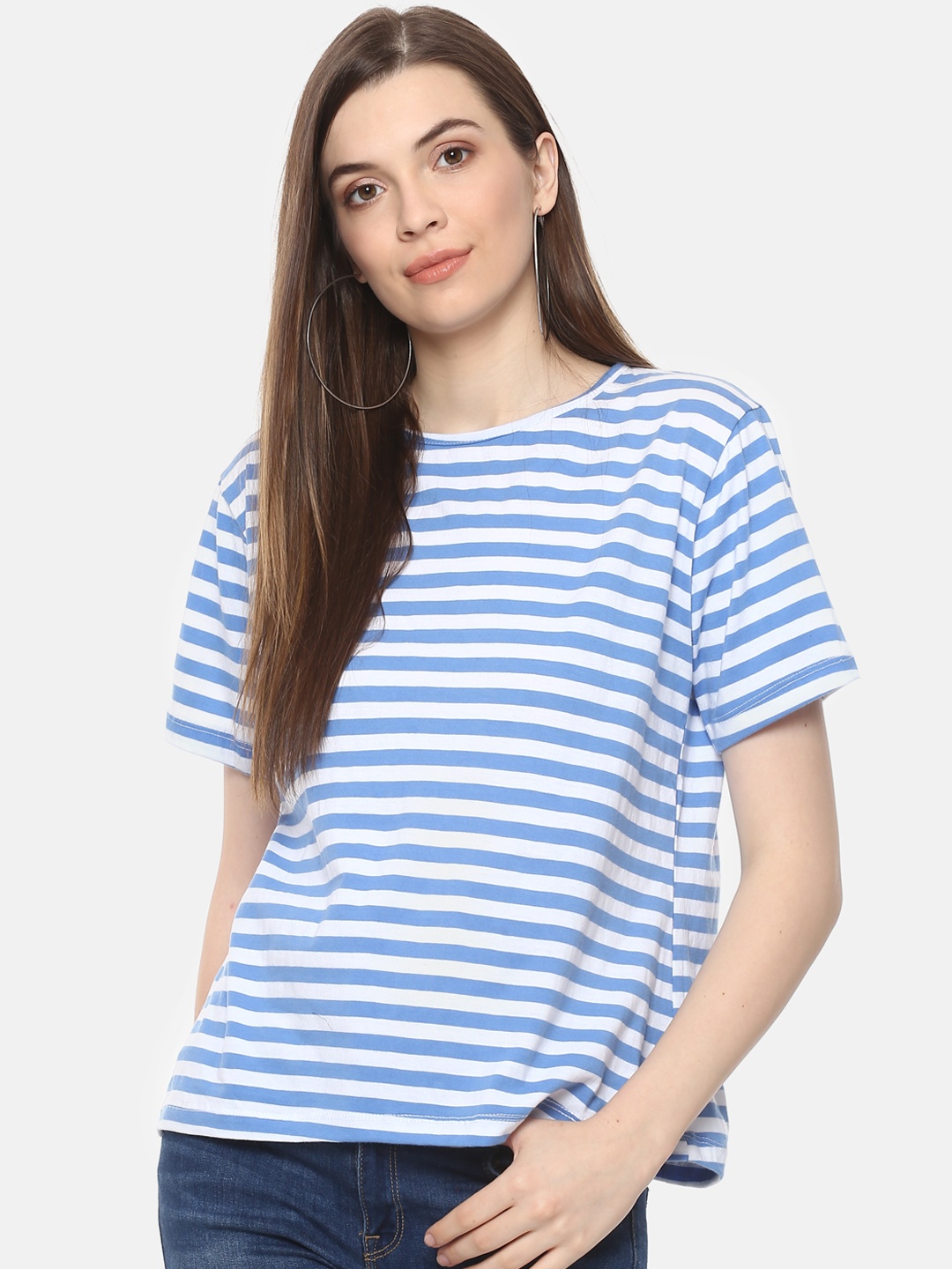 

Belle Fille Women Blue & White Striped Round Neck T-shirt