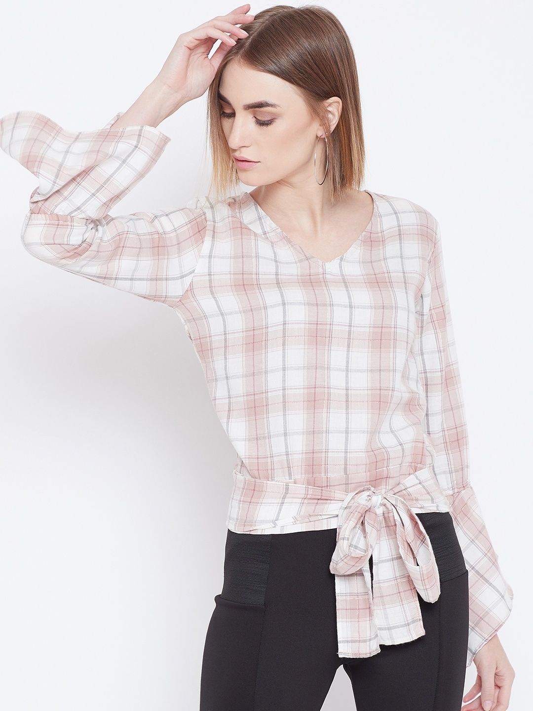 

Belle Fille Women Peach-Coloured & Off-White Checked Top