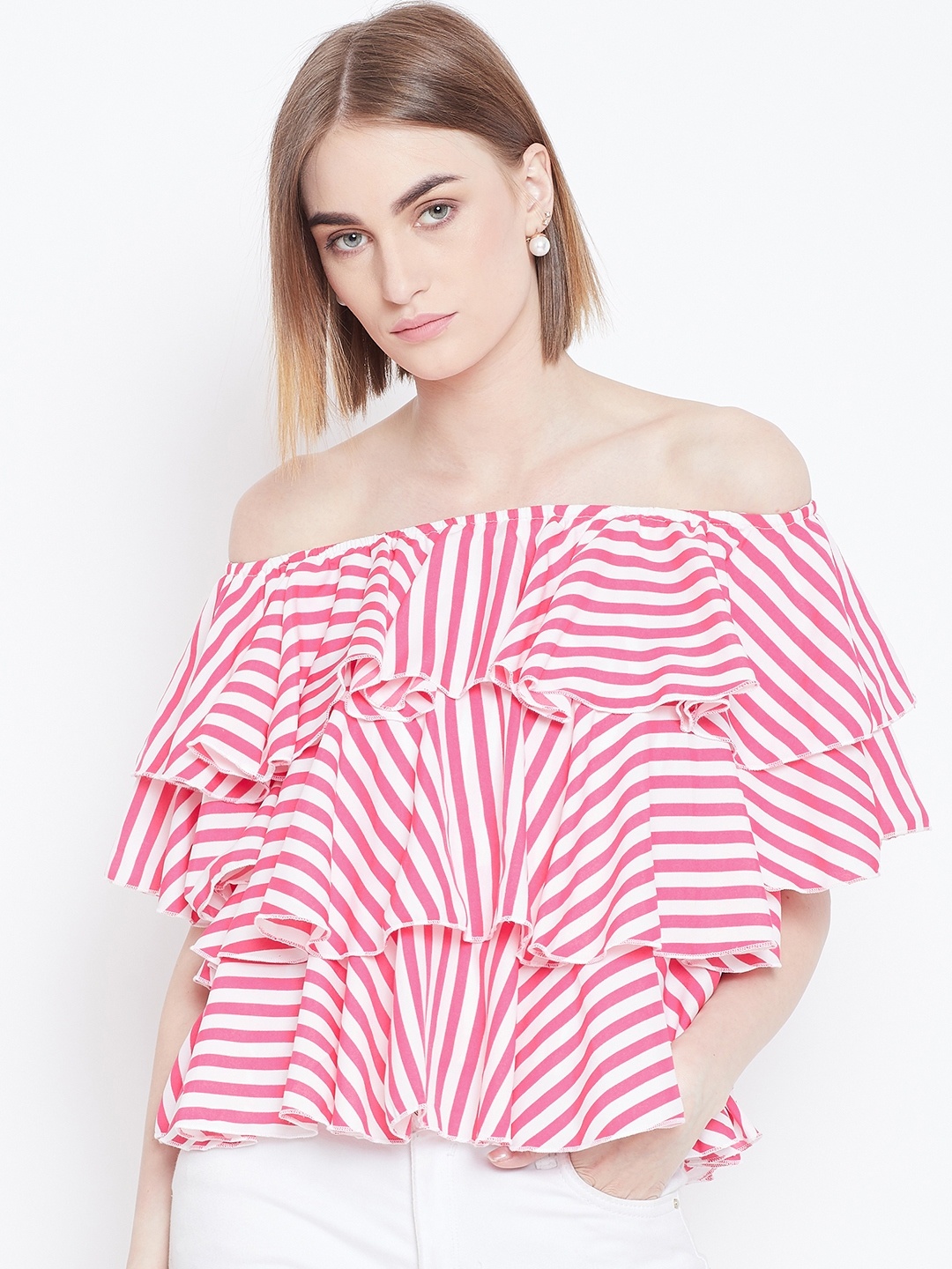 

Belle Fille Women Pink & White Striped Layered Bardot Top