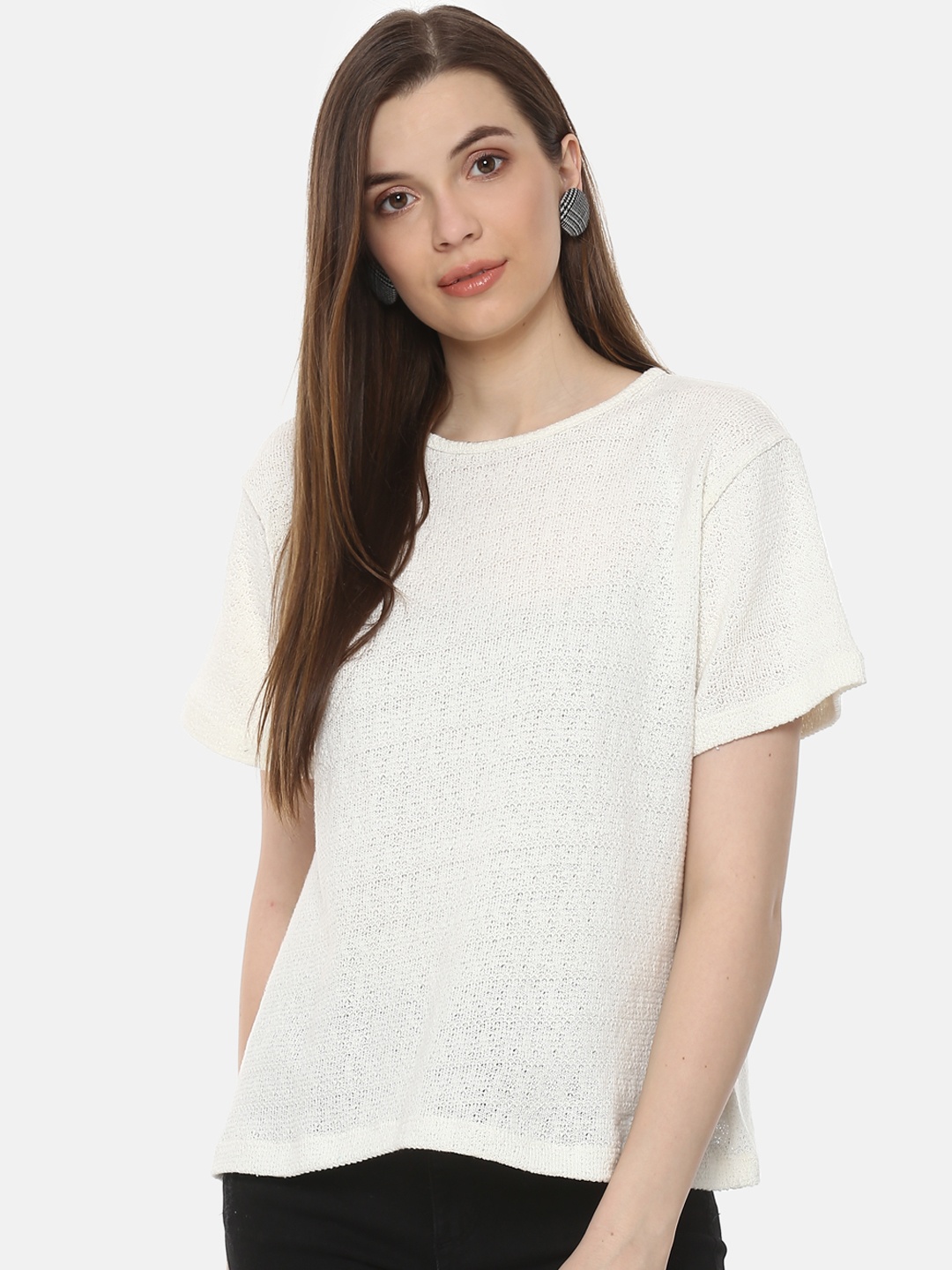 

Belle Fille Women Off-White Solid Boxy Pure Cotton Top