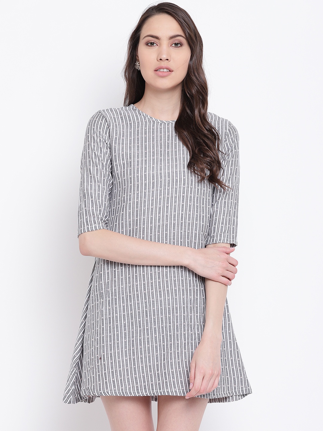 

Belle Fille Women Grey & White Striped A-Line Dress