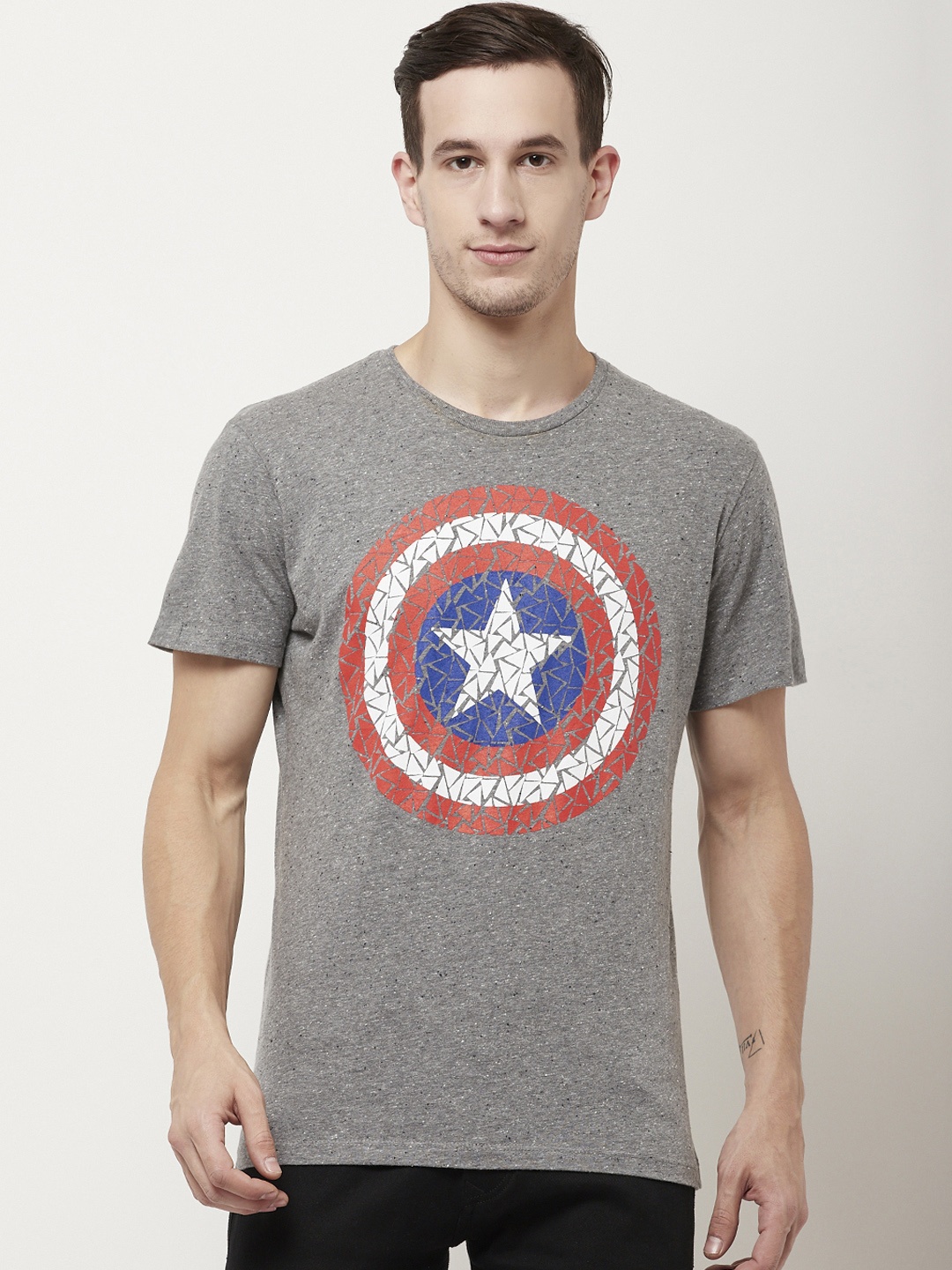 

Free Authority Men Grey Captain America Printed Round Neck Pure Cotton T-shirt