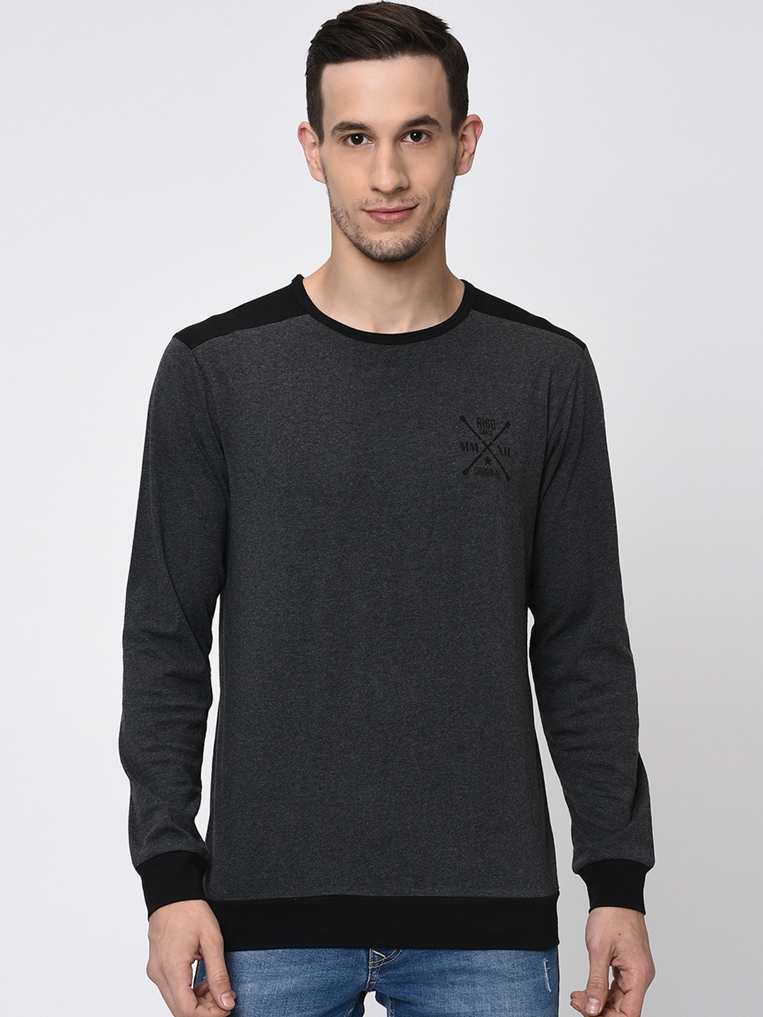 

Rigo Black Charcoal Melange Colourblocked Round Neck, Grey