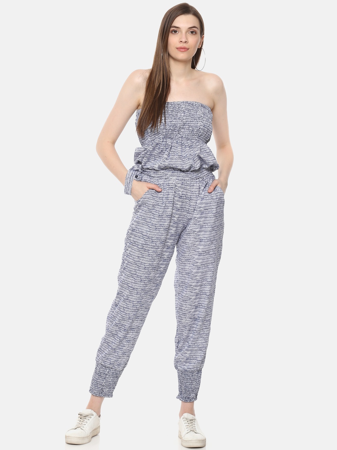 

Belle Fille Navy Blue& White Printed Basic Jumpsuit
