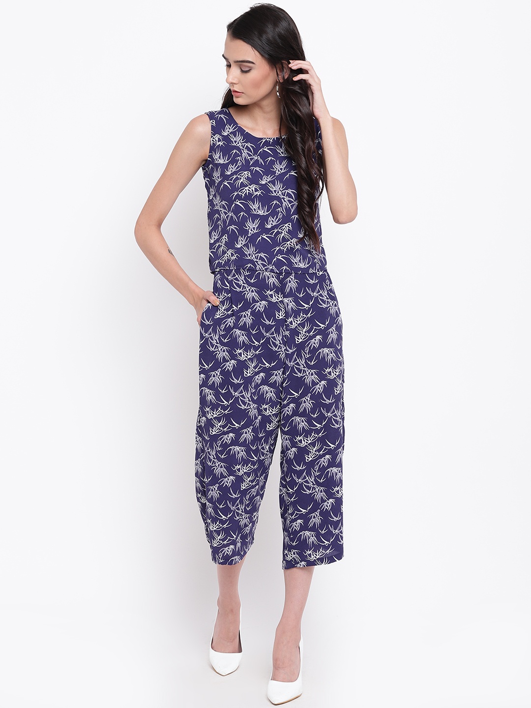 

Belle Fille Navy Blue & White Printed Layered Capri Jumpsuit