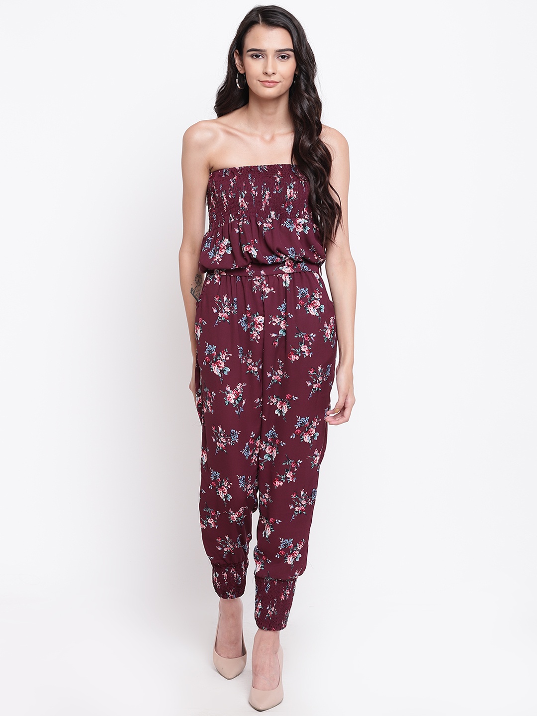 

Belle Fille Burgundy & Pink Printed Strapless Basic Jumpsuit