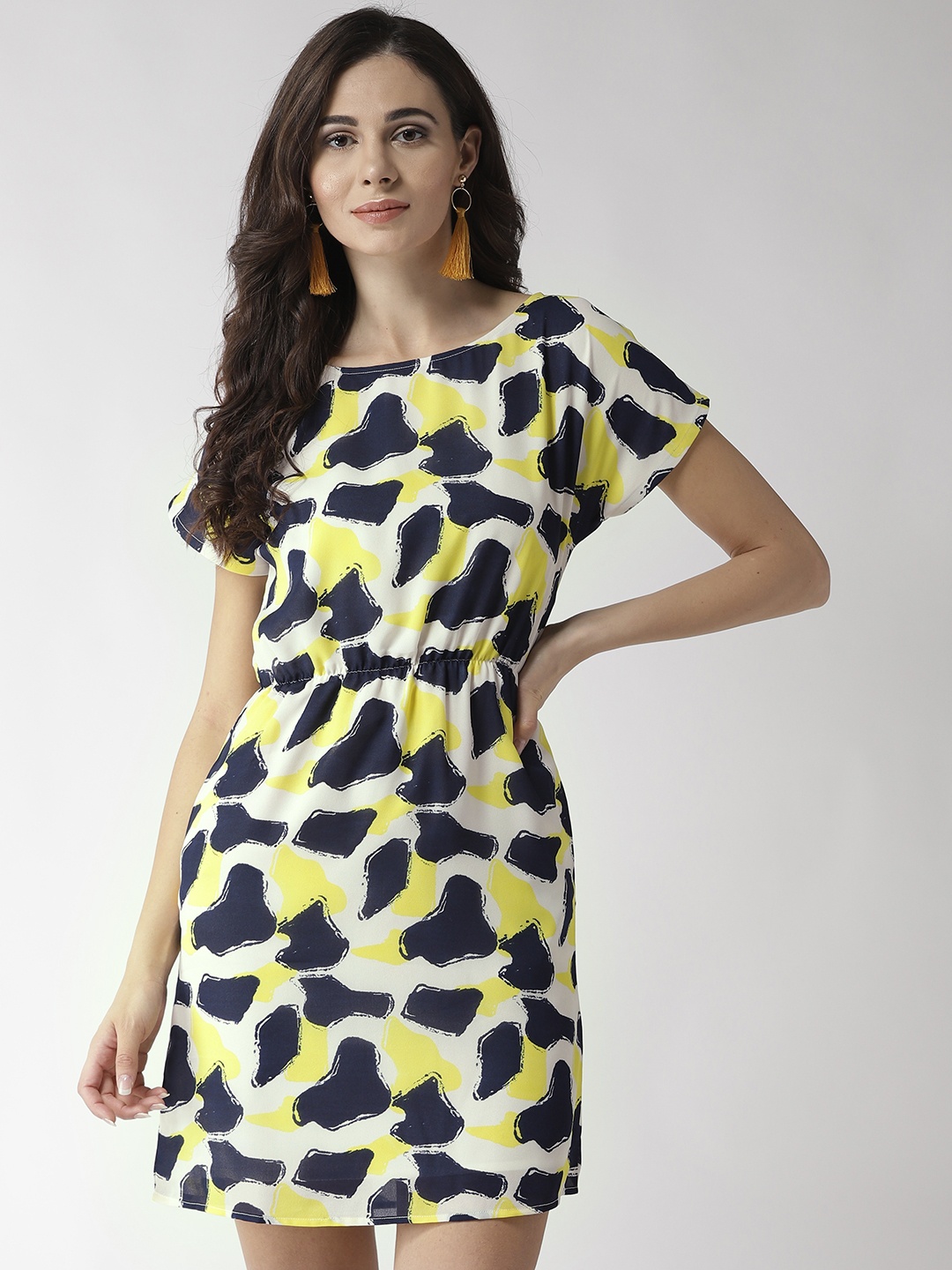 

MISH Women Off-White & Navy Blue Printed Mini Shift Dress