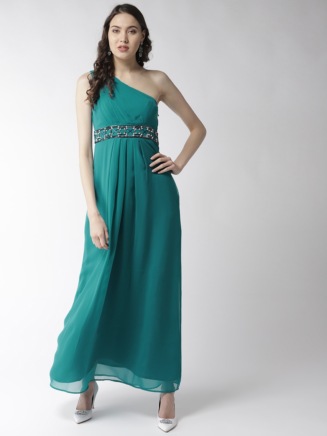 

MISH Women Teal Green Solid One Shoulder Maxi Dress