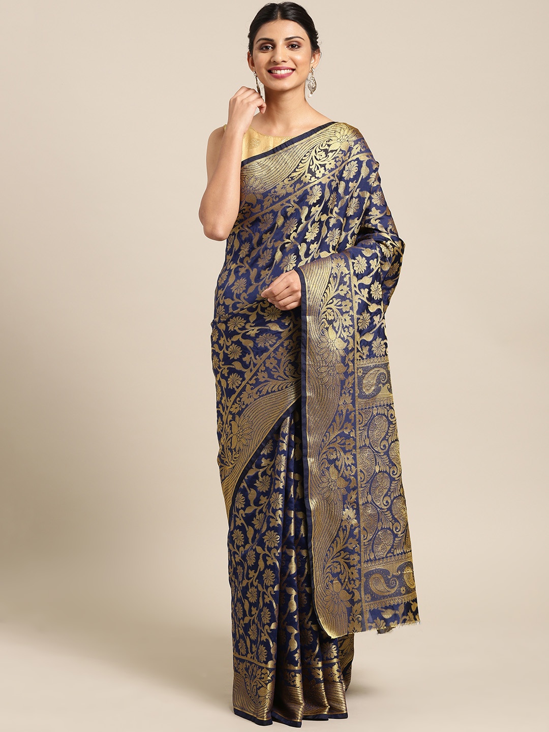 

Blissta Navy Blue Woven Design Banarasi Saree