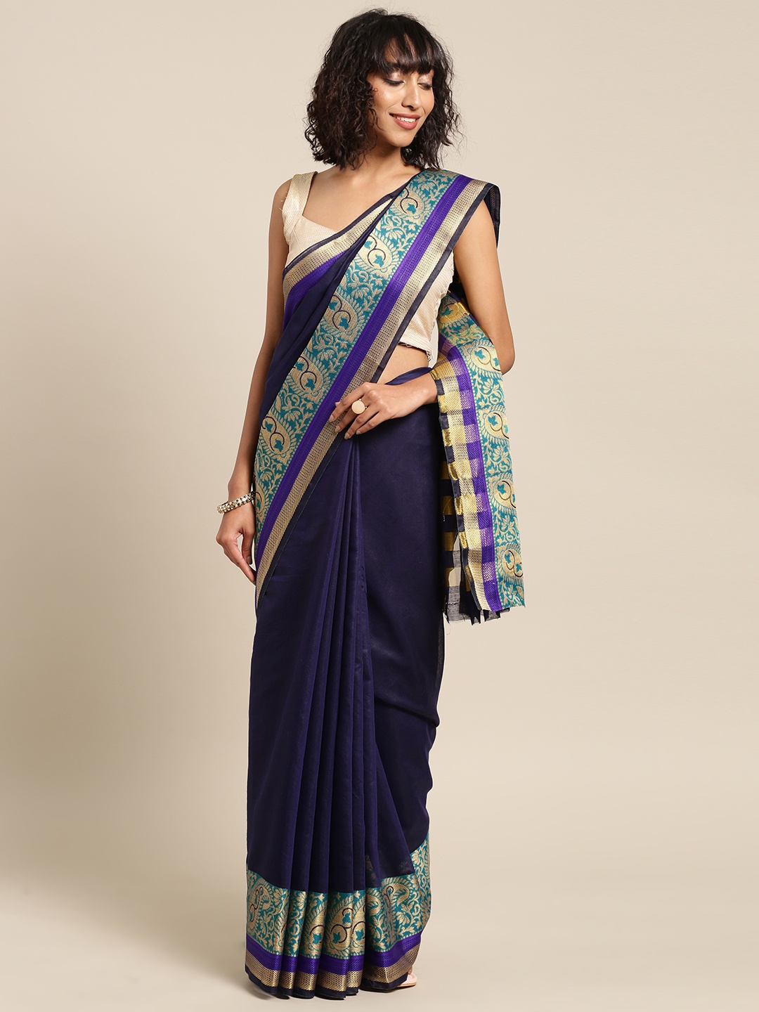 

Blissta Navy Blue Solid Cotton Silk Saree