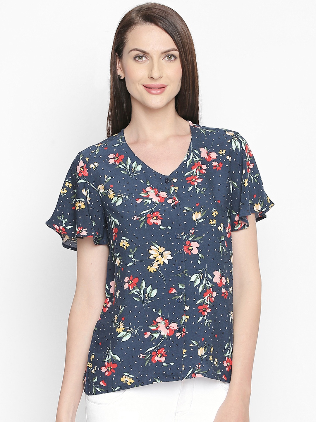 

Honey by Pantaloons Women Navy Blue Printed Shirt Style Top