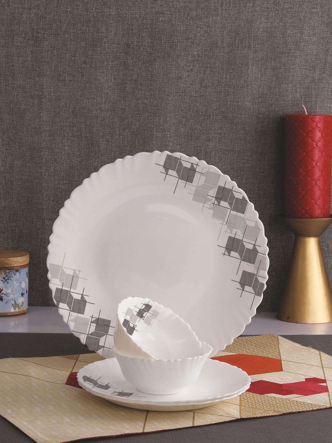 

Cello White 18-Piece Printed Opalware Linear Glaze Dazzle Dinner Set