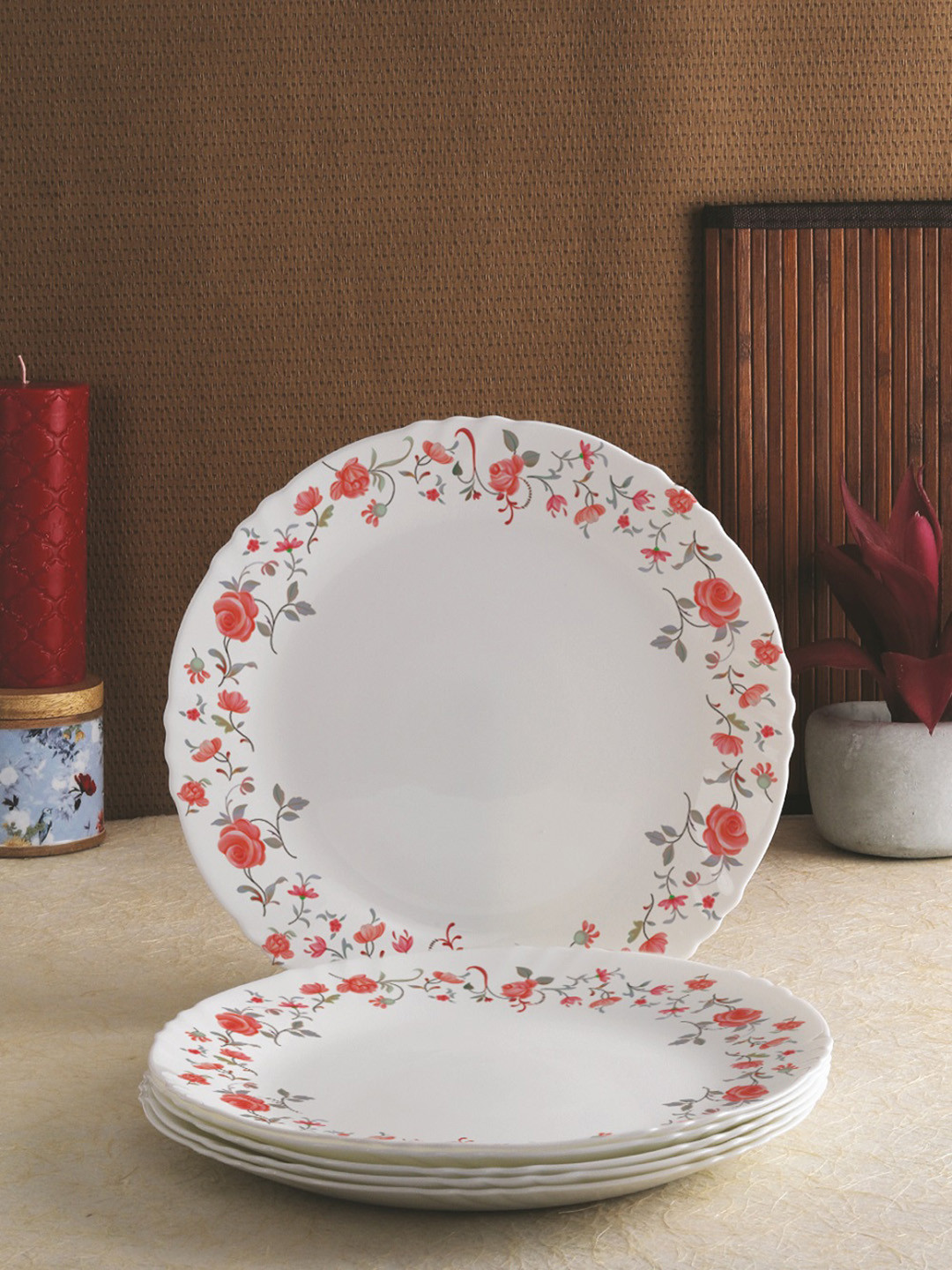 

Cello White 6-Piece Red Rose Fantasy Printed Opalware Imperial Dinner Plates Set