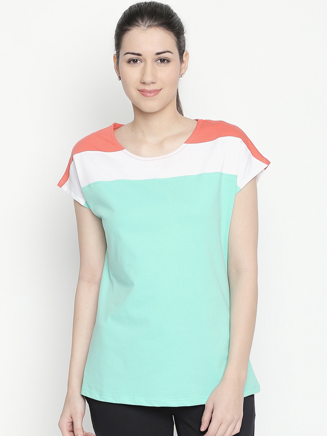 

Ajile by Pantaloons Women Green & Pink Colourblocked Pure Cotton Top