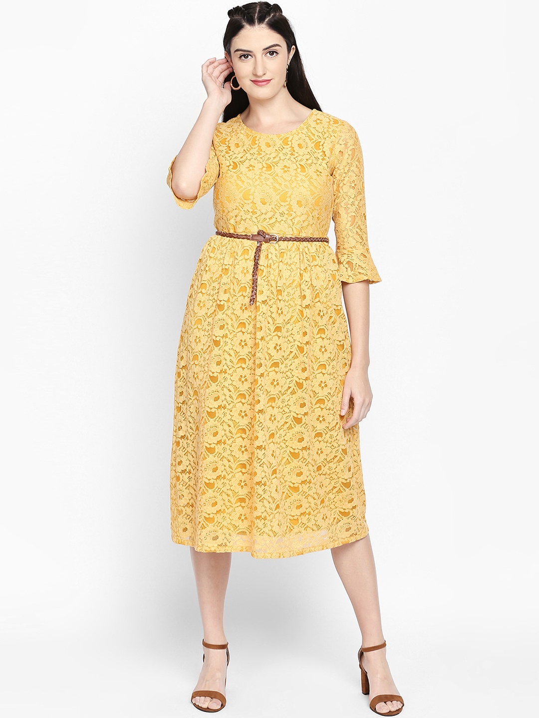 

Honey by Pantaloons Women Mustard Self Design Fit and Flare Dress