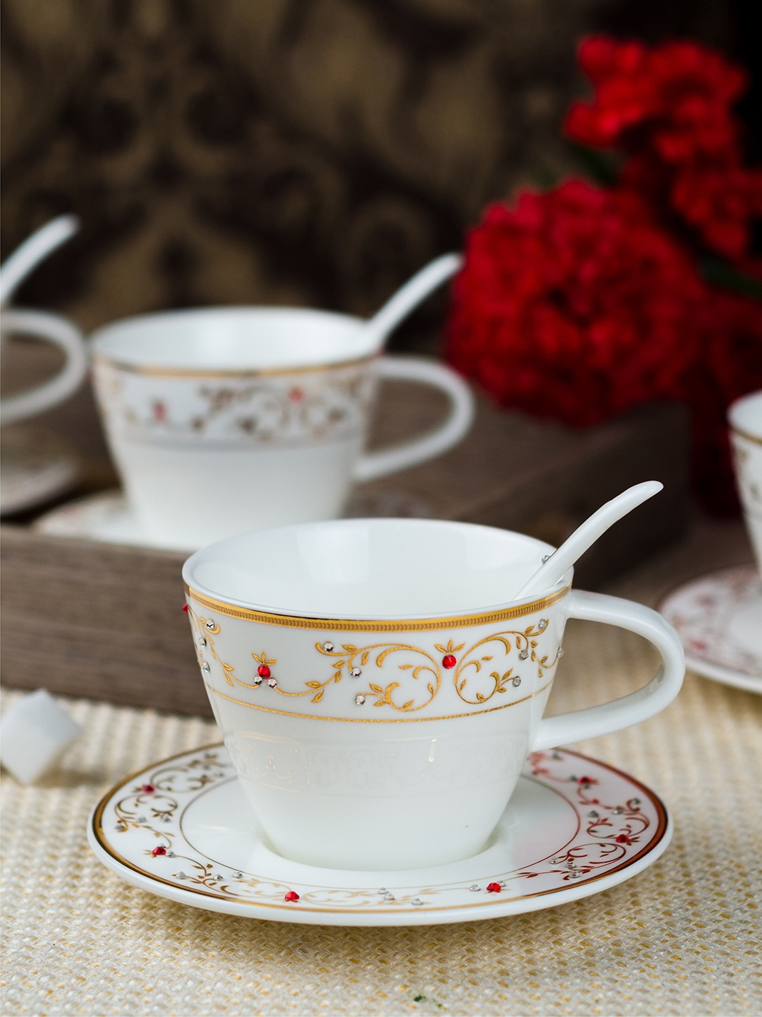 

GOODHOMES White Set of 18 Pieces Printed Porcelain Cup & Saucer Set with Swarovski Studded & 24k Gold Print