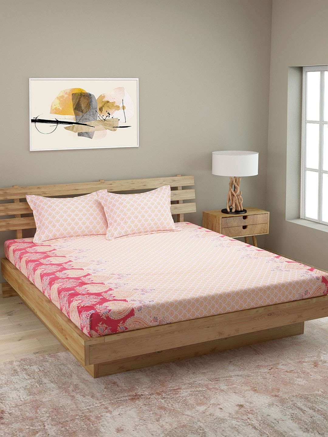 

ROMEE Peach-Coloured & Beige Ethnic Motifs 144 TC Cotton 1 Queen Bedsheet with 2 Pillow Covers