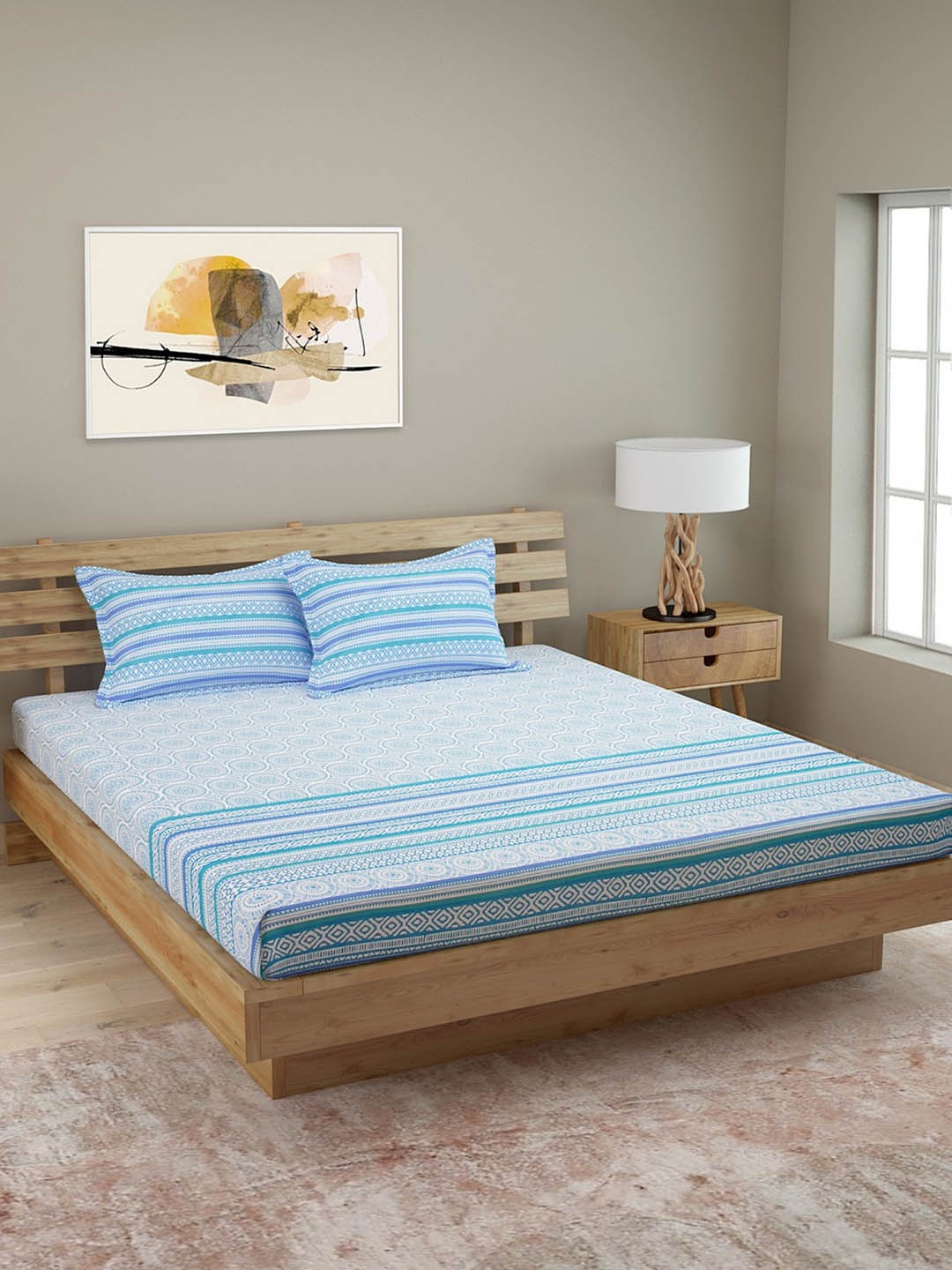 

ROMEE Blue Floral 144 TC Cotton 1 Queen Bedsheet with 2 Pillow Covers