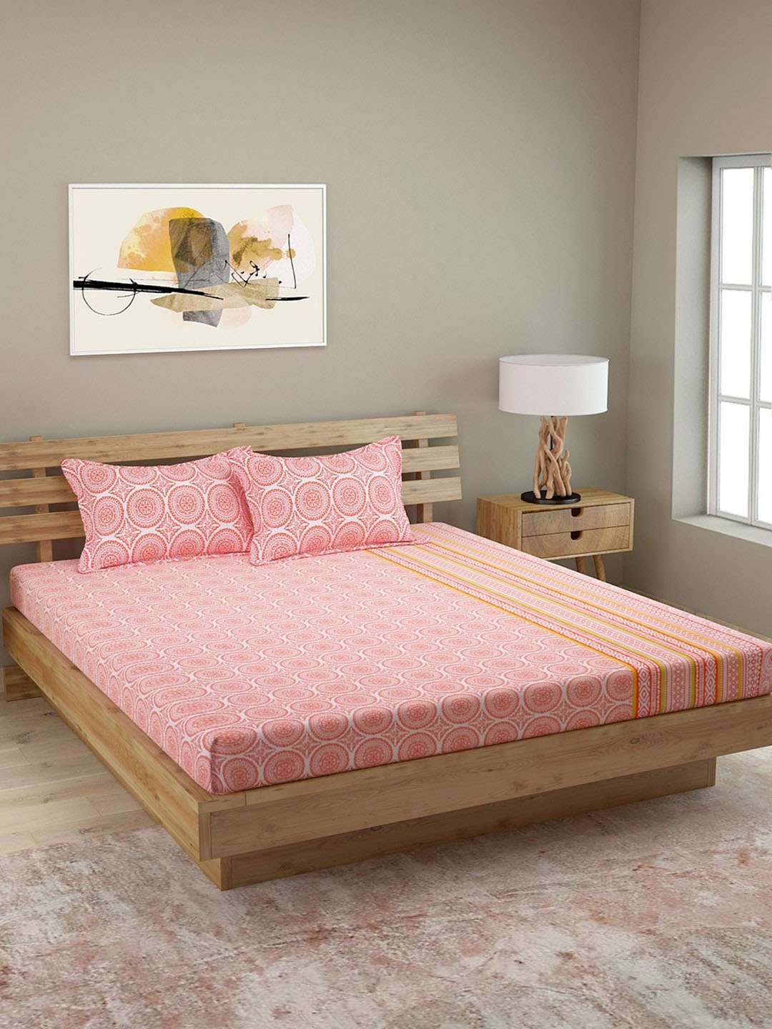 

ROMEE Orange & Beige Floral 144 TC Cotton 1 Queen Bedsheet with 2 Pillow Covers