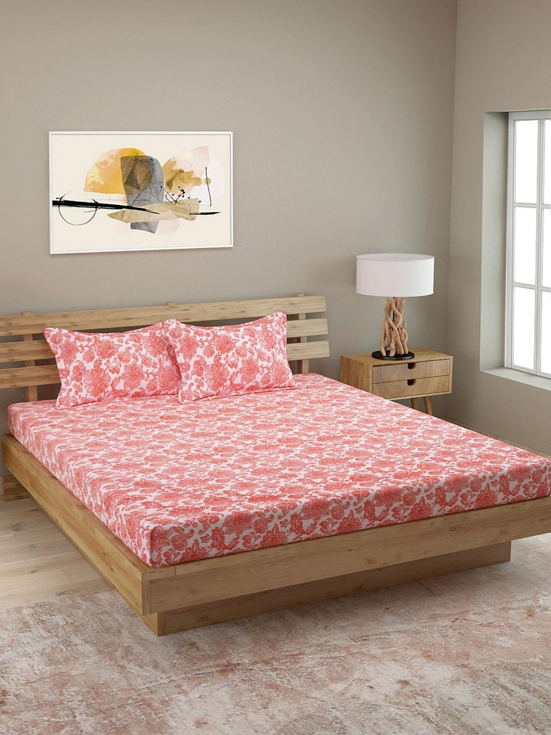 

ROMEE Orange & Beige Floral 210 TC Cotton 1 Queen Bedsheet with 2 Pillow Covers