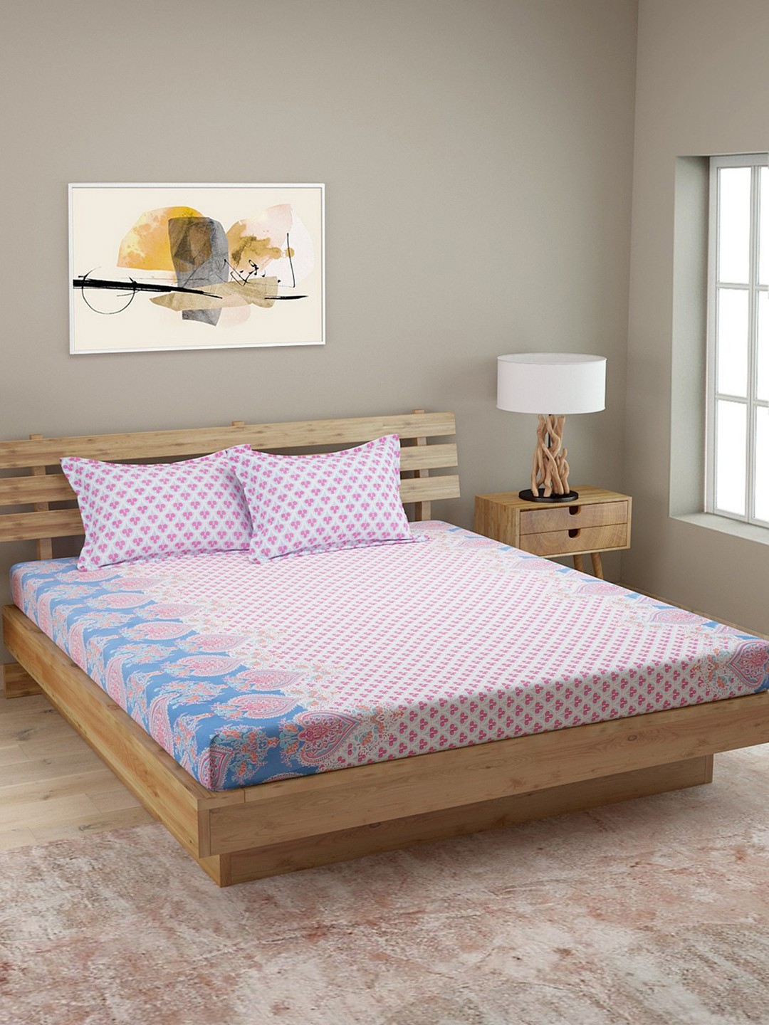 

ROMEE Pink & White Floral 144 TC Cotton 1 Queen Bedsheet with 2 Pillow Covers