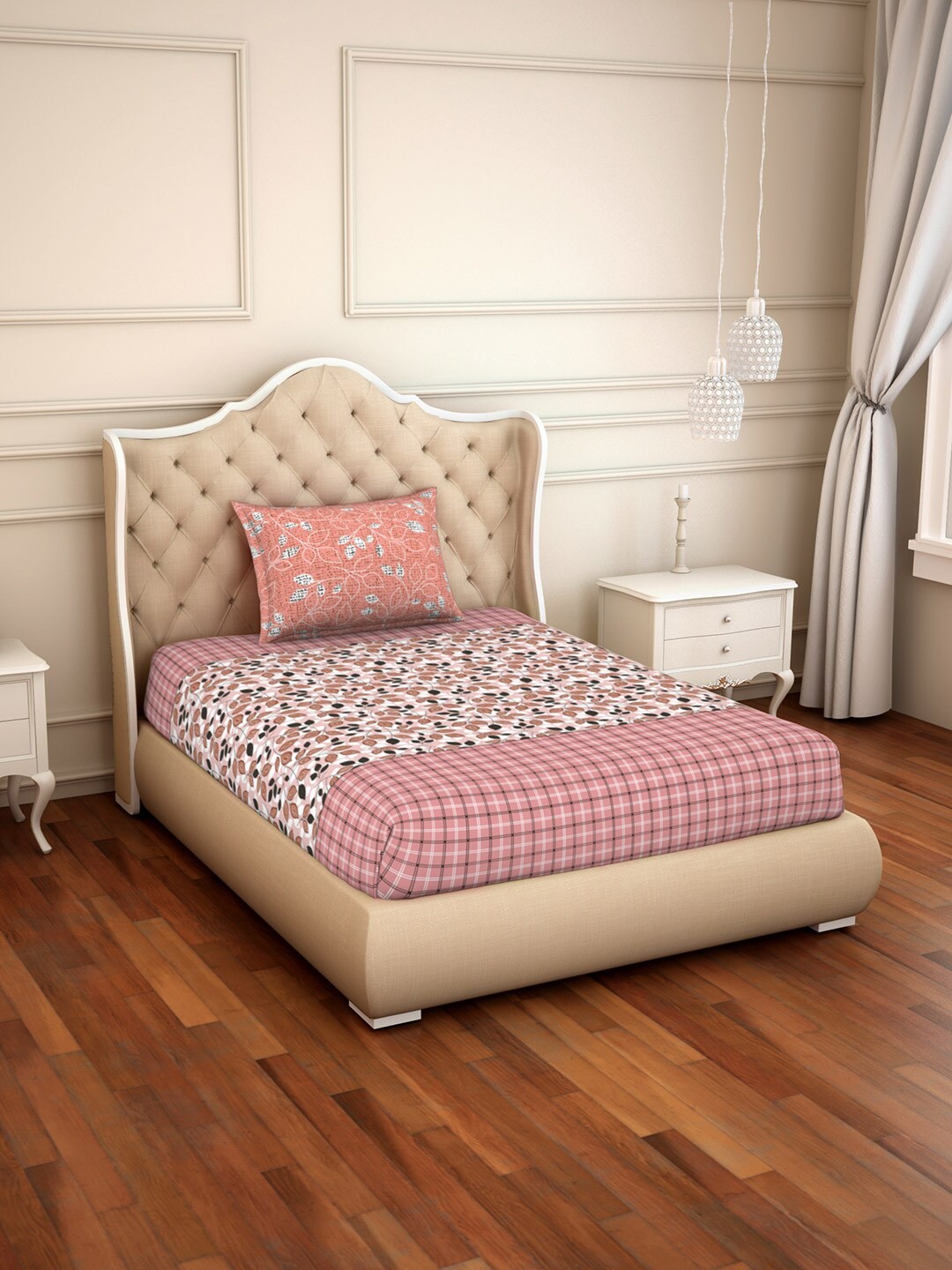

SPACES Pink Floral 144 TC Cotton 1 Single Bedsheet with 1 Pillow Covers