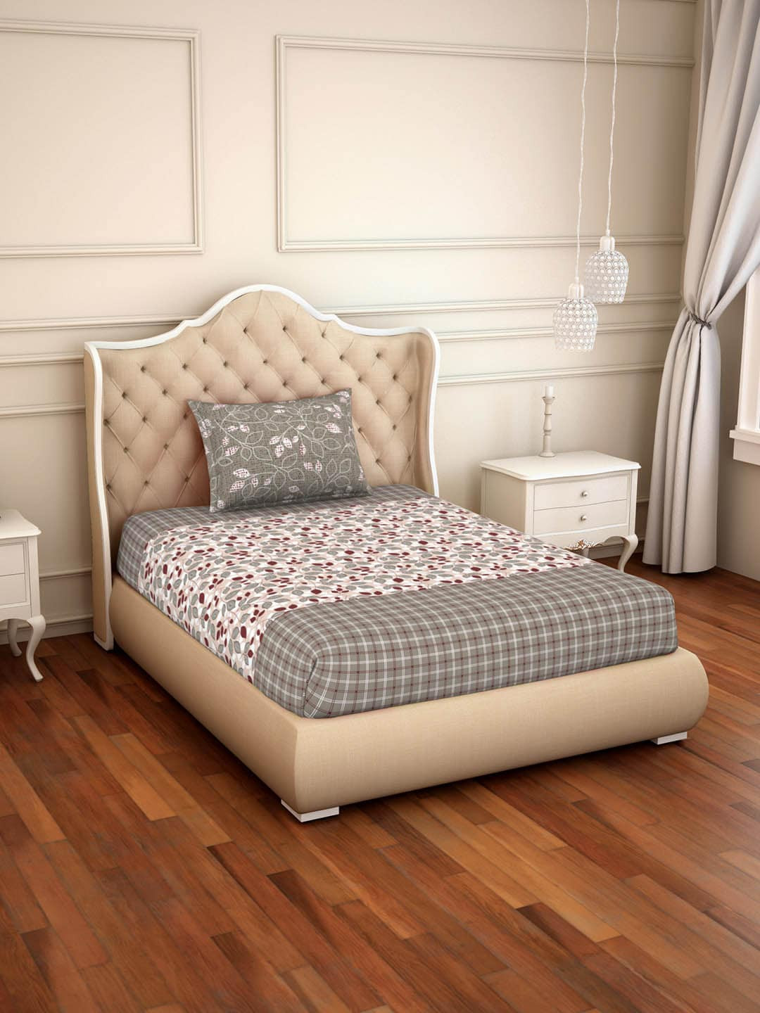 

SPACES Grey Floral 144 TC Cotton 1 Single Bedsheet with 1 Pillow Covers