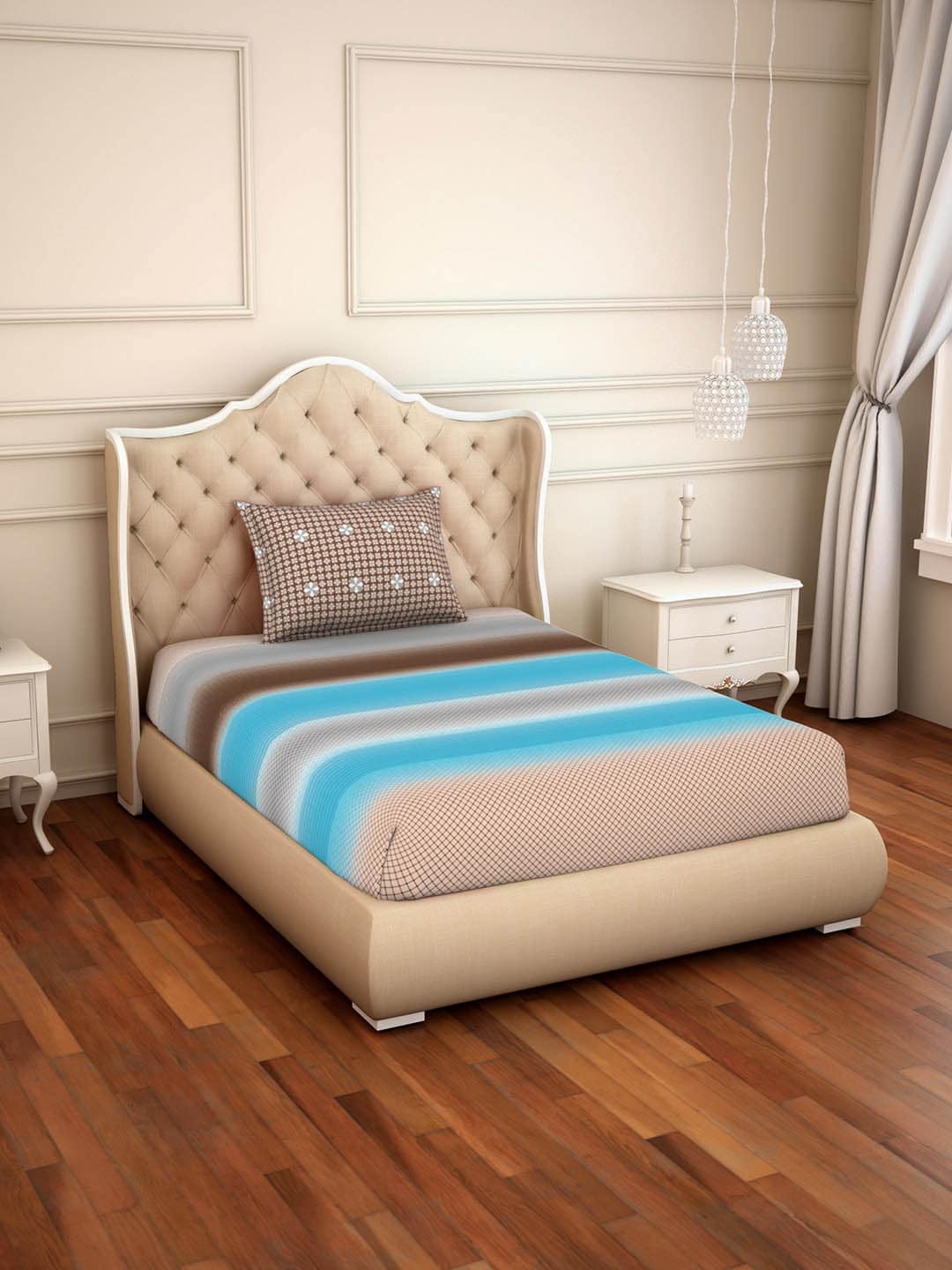 

SPACES Blue & Beige Abstract 144 TC Cotton 1 Single Bedsheet with 1 Pillow Covers