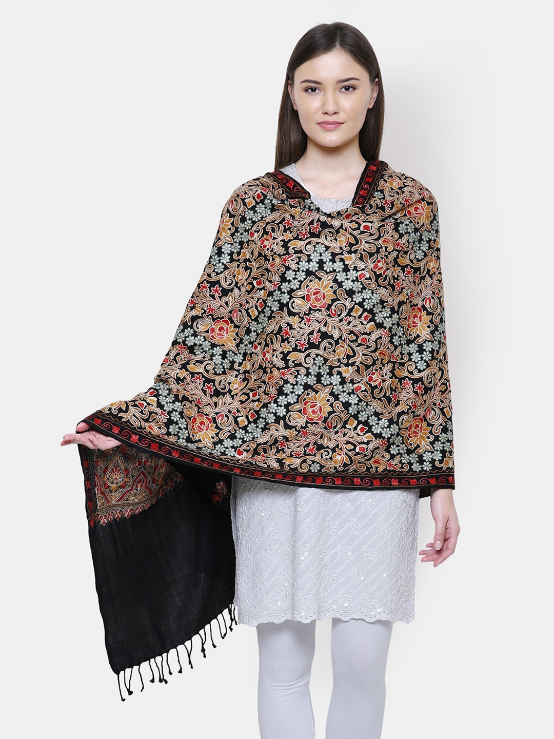 

Anekaant Women Black & Multicoloured Floral Embroidered Shawl