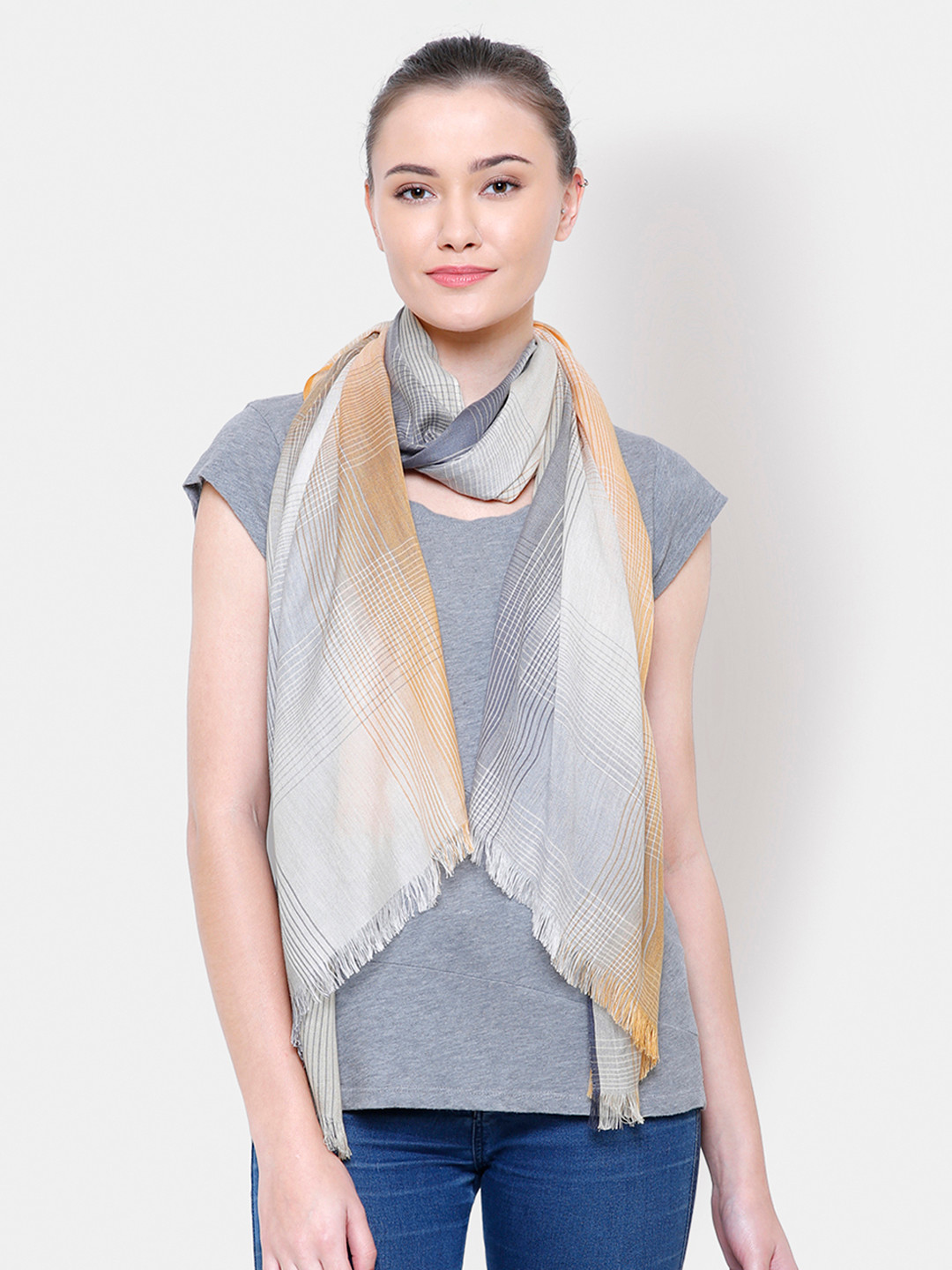 

Anekaant Women Grey & Yellow Woven Design Stole