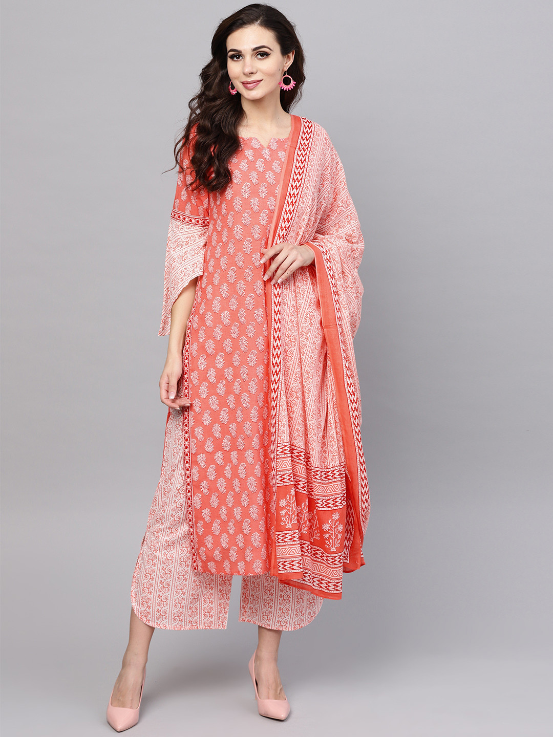 

Libas Women Coral Orange & White Printed Kurta with Palazzos & Dupatta