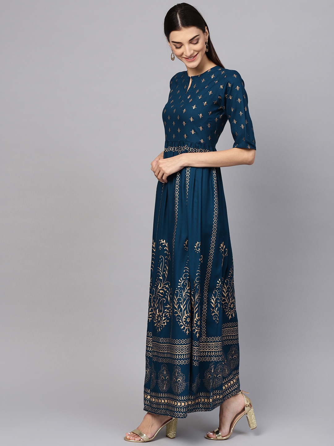 

Libas Women Navy Blue & Golden Block Print Maxi Dress