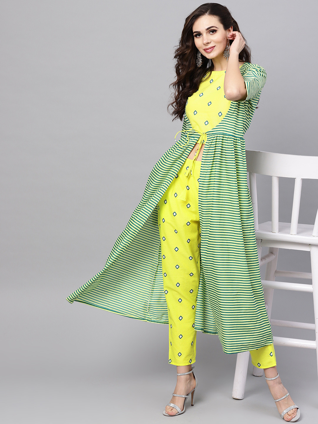 

Libas Women Yellow & Green Striped Kurta with Trousers