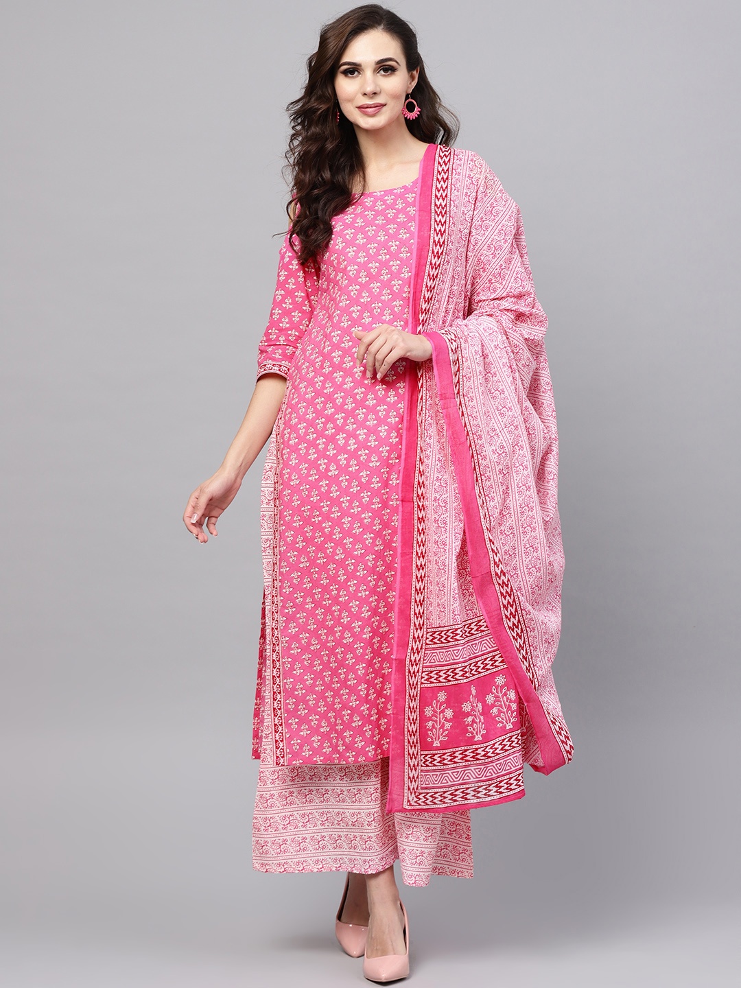 

Libas Women Pink & Off-White Printed Kurta with Palazzos & Dupatta