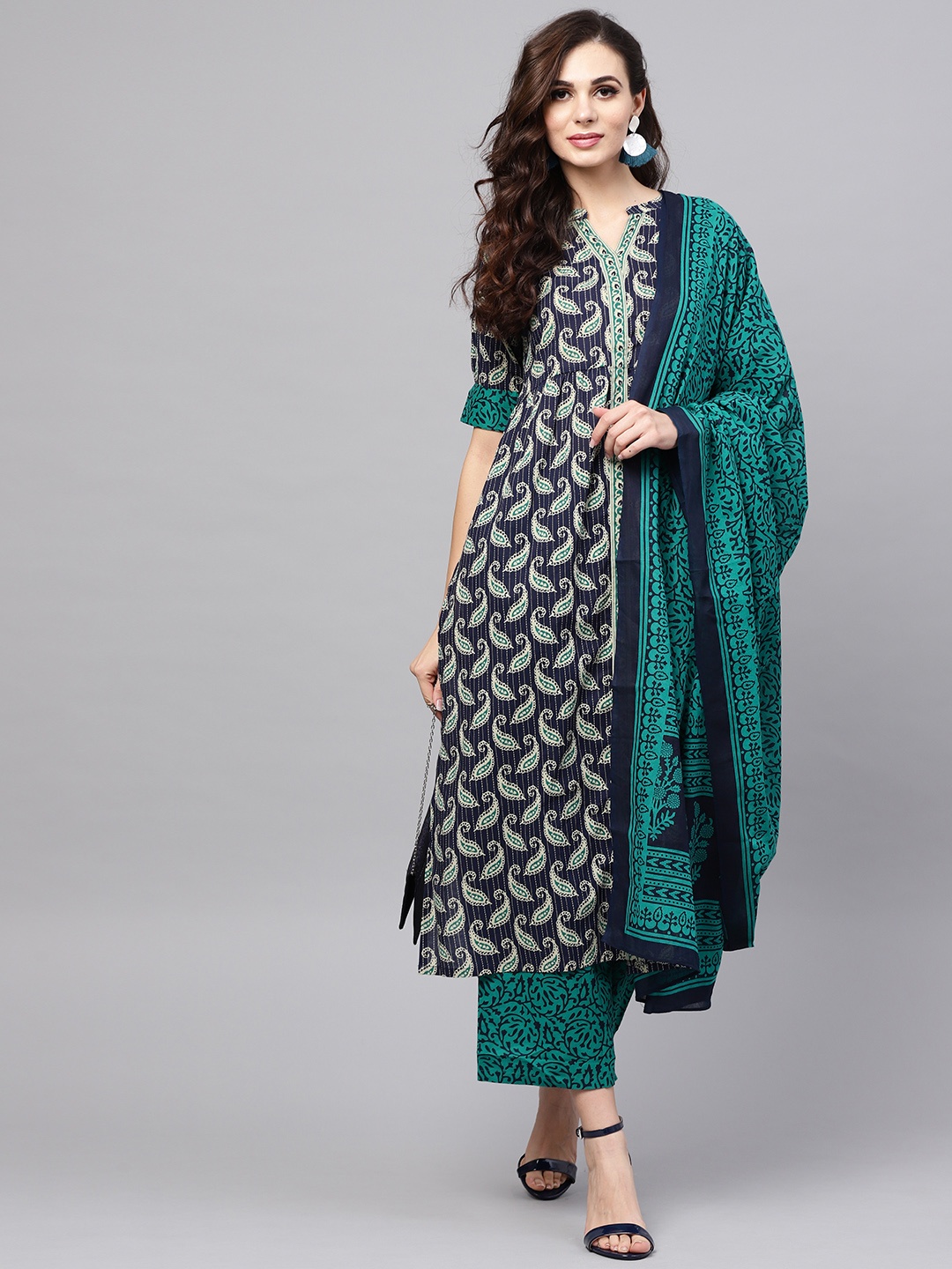 

Libas Women Navy Blue & Beige Printed Kurta with Palazzos & Dupatta