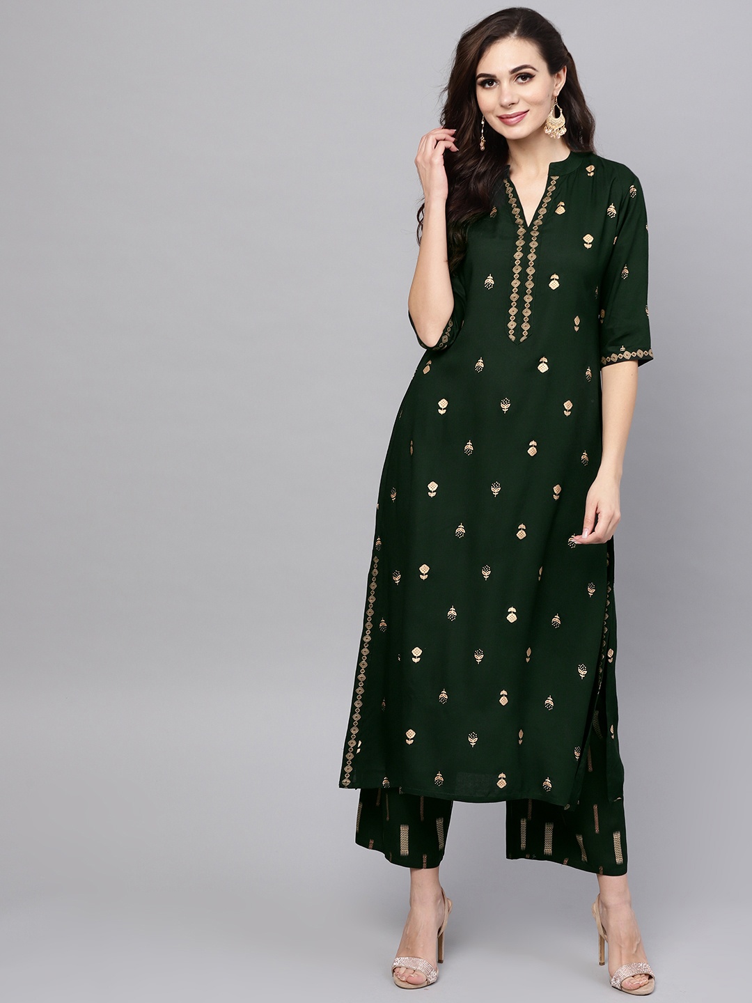 

Libas Women Green & Golden Block Print Kurta with Palazzos