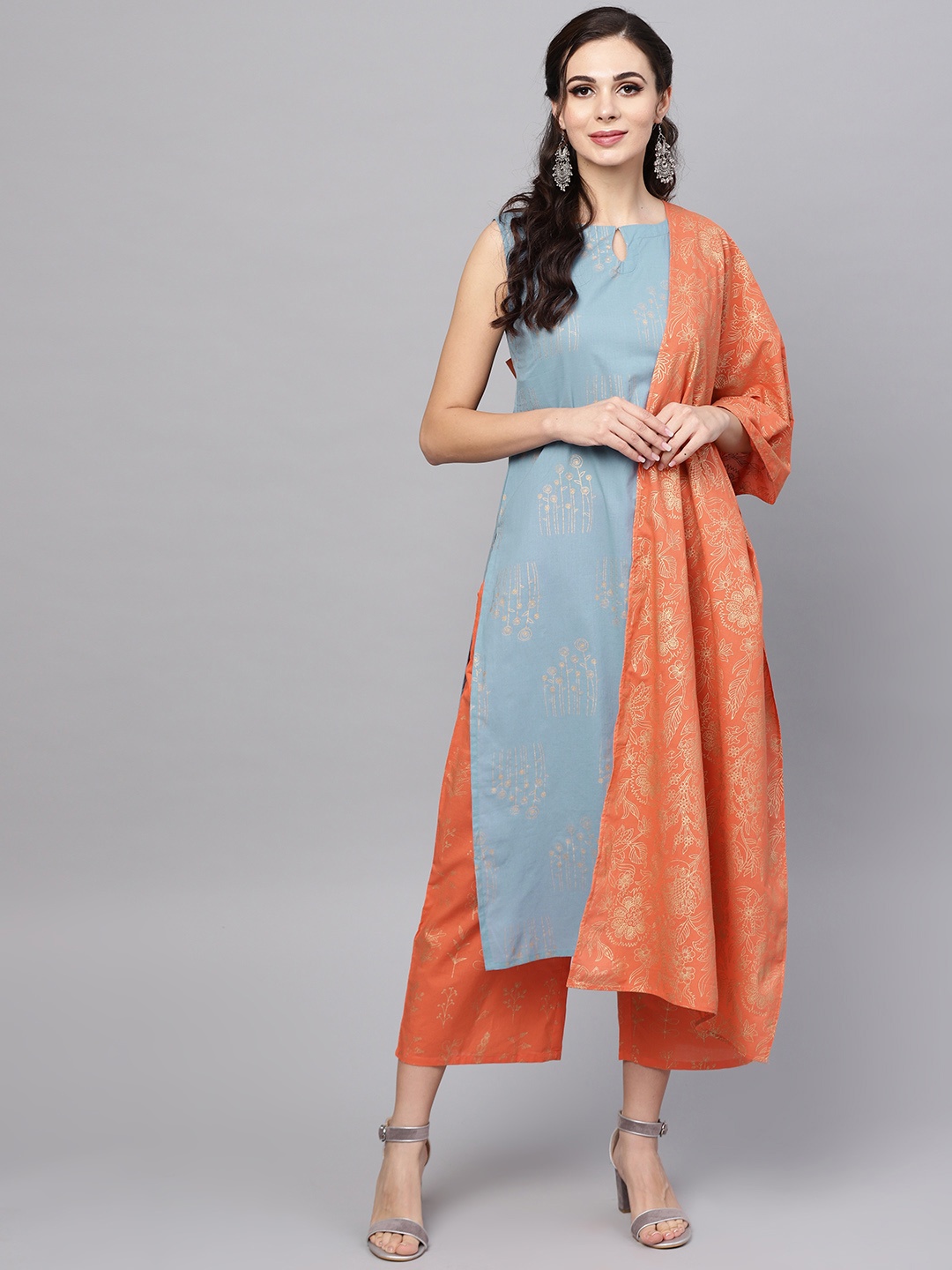 

Libas Women Blue & Orange Block Print Kurta with Palazzos & Dupatta